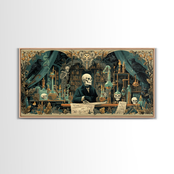 The Mad Alchemist, Macabre Folk Print Art, Wide Panoramic Art, Dark Halloween Decor, Framed Canvas Print, Halloween Wall Art