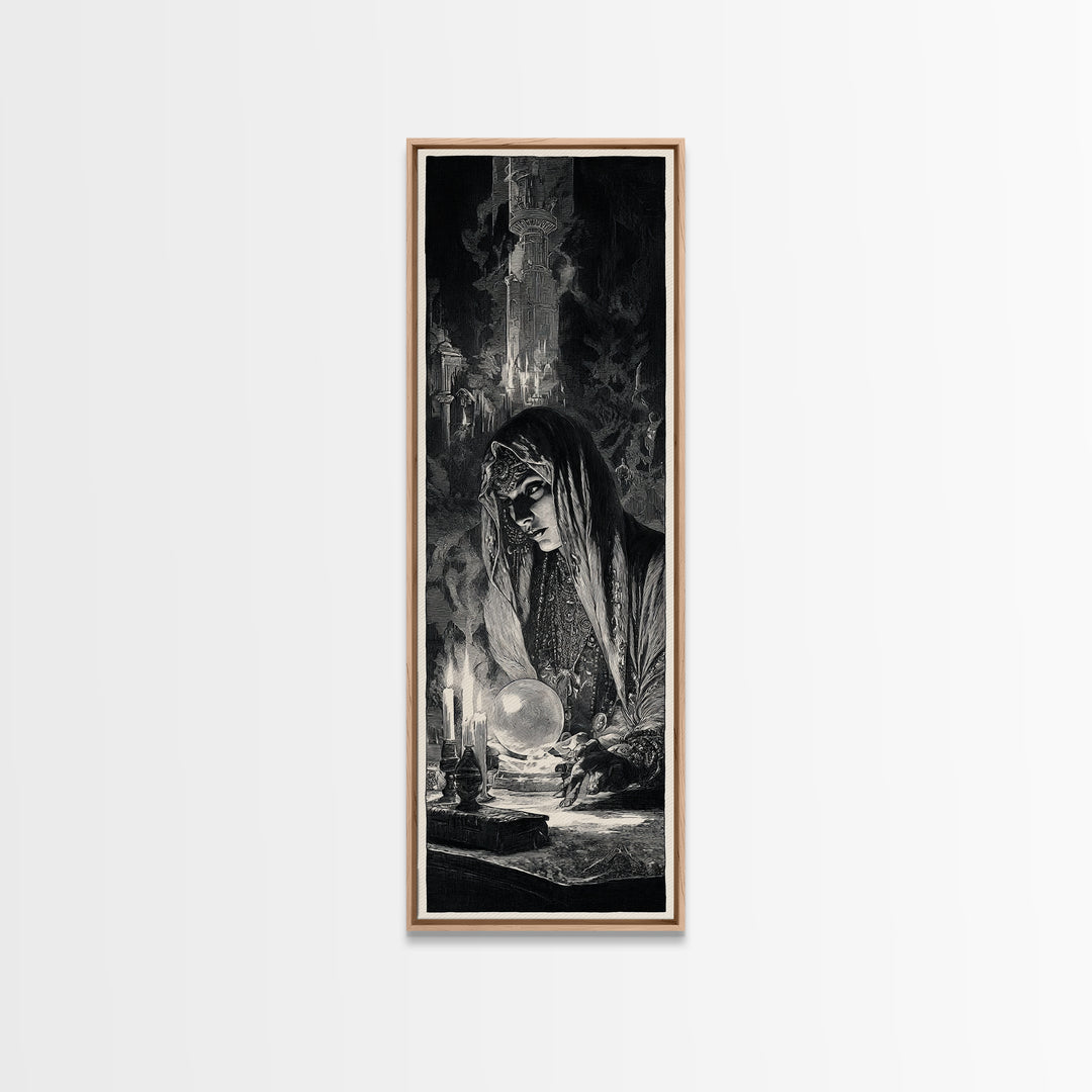 The Midnight Fortune Teller, Gothic Engraving Art, Tall Narrow Wall Art, Dark Halloween Decor, Framed Canvas Print, Halloween Wall Art