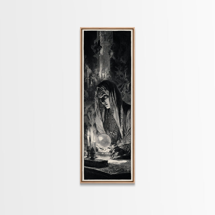 The Midnight Fortune Teller, Gothic Engraving Art, Tall Narrow Wall Art, Dark Halloween Decor, Framed Canvas Print, Halloween Wall Art