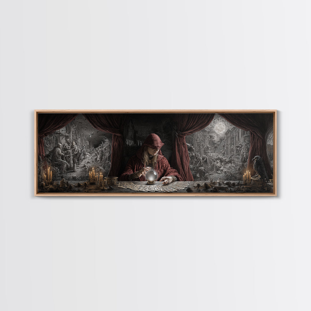 The Midnight Fortune Teller, Medieval Grotesque Art, Extra Wide Wall Art, Dark Fantasy Wall Art, Framed Canvas Print, Halloween Decor