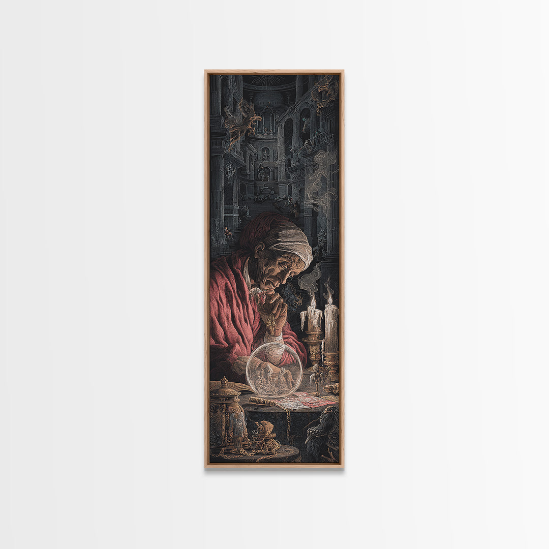 The Midnight Fortune Teller, Architectural Etching Art, Tall Narrow Wall Art, Dark Halloween Decor, Framed Canvas Print