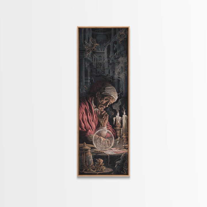 The Midnight Fortune Teller, Architectural Etching Art, Tall Narrow Wall Art, Dark Halloween Decor, Framed Canvas Print