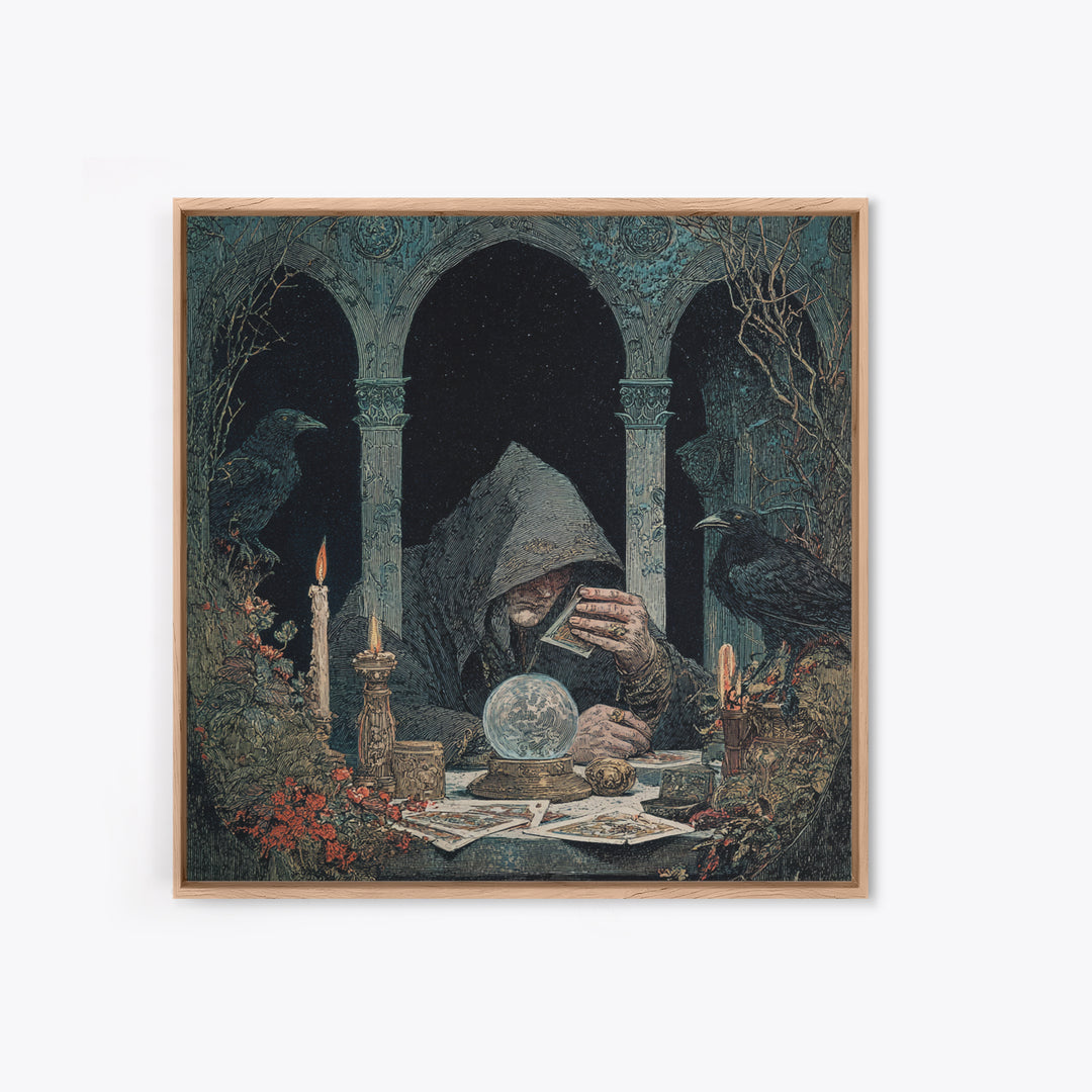 The Midnight Fortune Teller, Symbolist Etching Art, Square Wall Art, Dark Halloween Decor, Framed Canvas Print, Halloween Wall Art