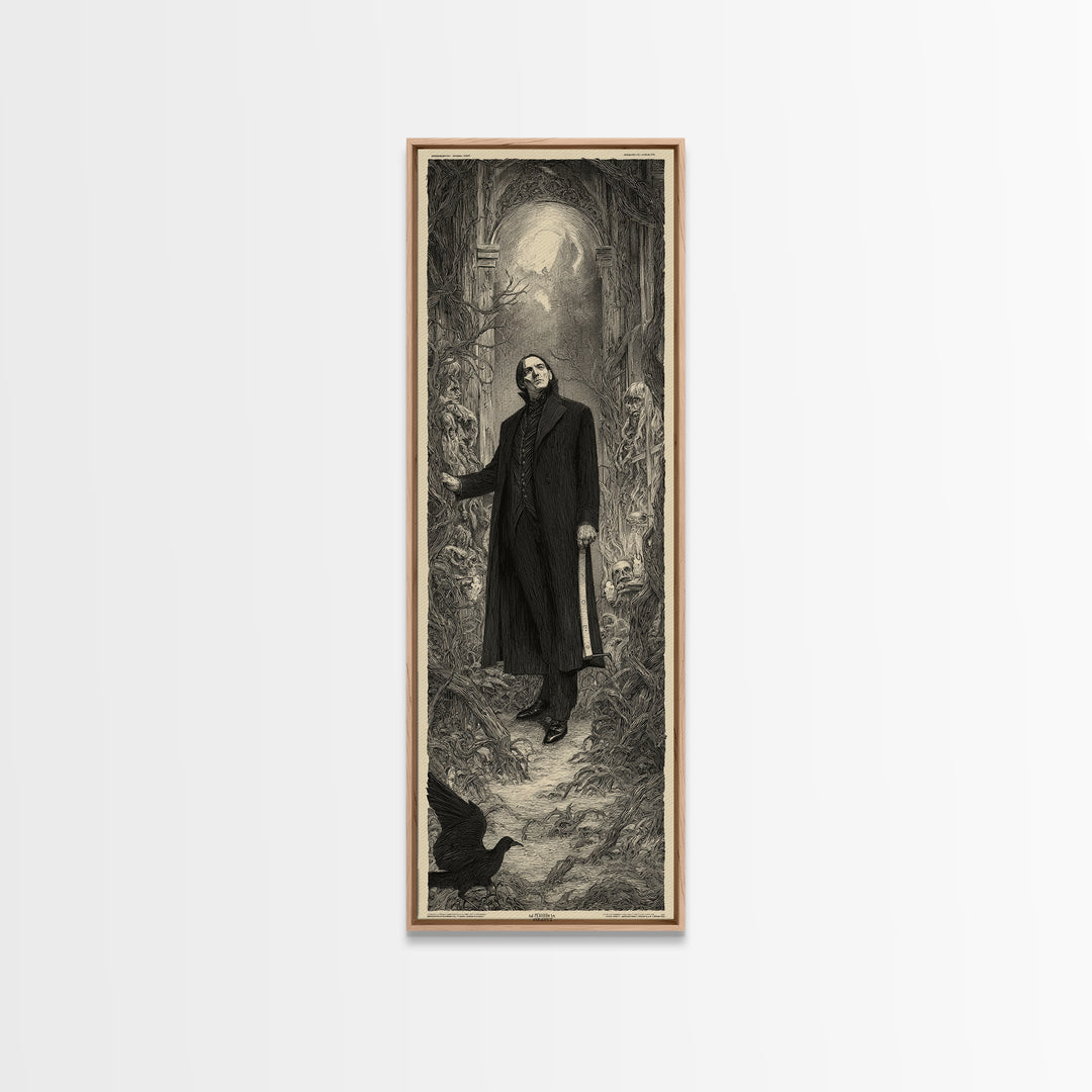 The Sinister Undertaker, Gothic Engraving Art, Tall Narrow Wall Art, Dark Fantasy Wall Art, Framed Canvas Print, Halloween Wall Art