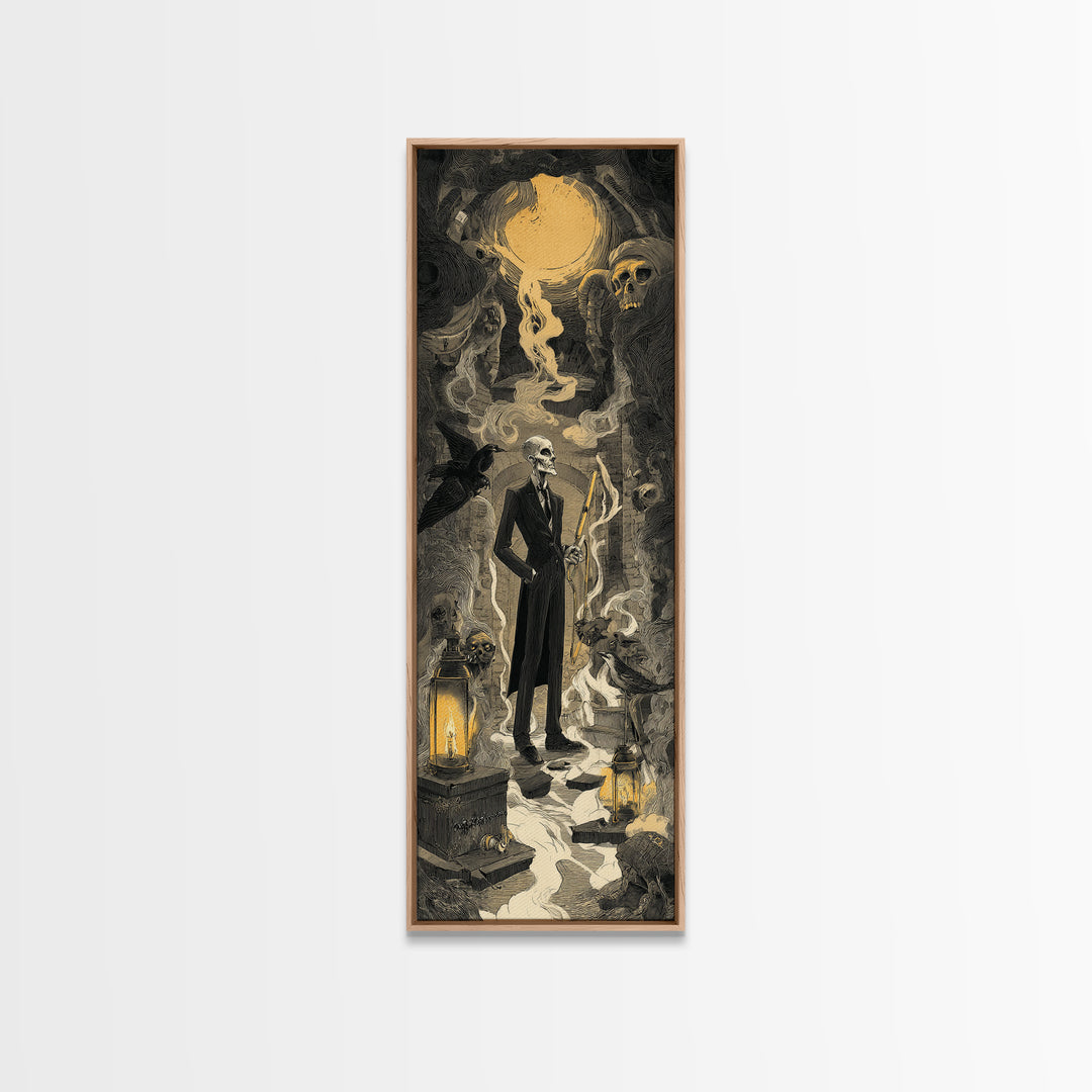 The Sinister Undertaker, Architectural Etching Art, Tall Narrow Wall Art, Dark Halloween Decor, Canvas Print, Dark Fantasy Art