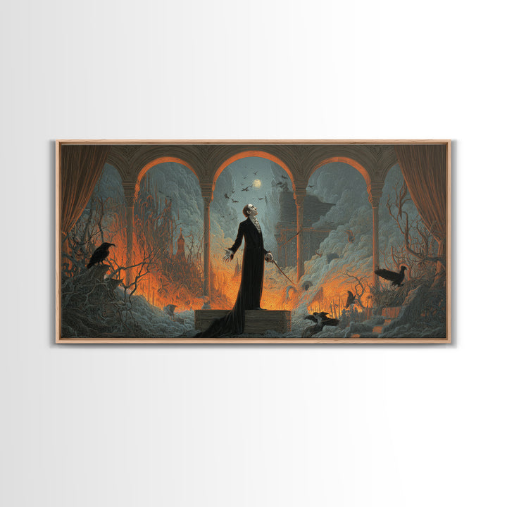 The Sinister Undertaker, Apocalyptic Romantic Art, Wide Panoramic Art, Dark Halloween Decor, Canvas Print, Halloween Wall Art