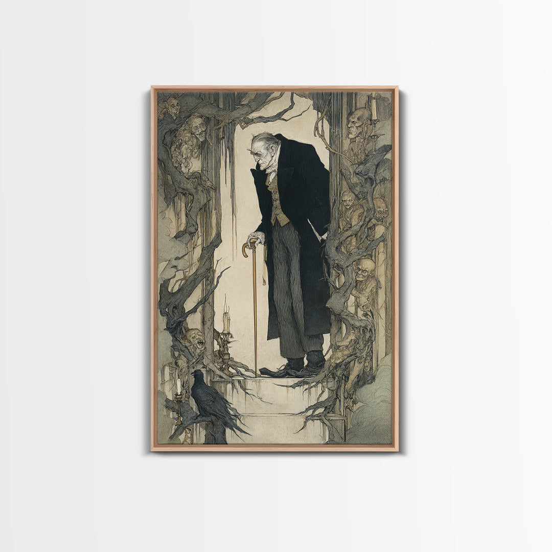 The Sinister Undertaker, Gothic Storybook Art, Vertical Wall Art, Gothic Horror Wall Art, Framed Canvas Print, Halloween Wall Art