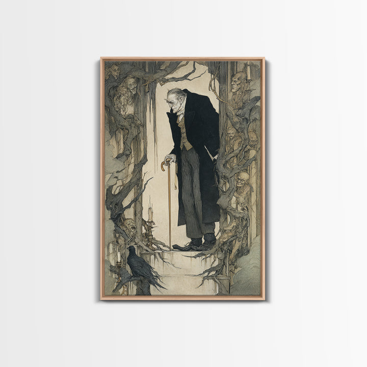 The Sinister Undertaker, Gothic Storybook Art, Vertical Wall Art, Gothic Horror Wall Art, Framed Canvas Print, Halloween Wall Art