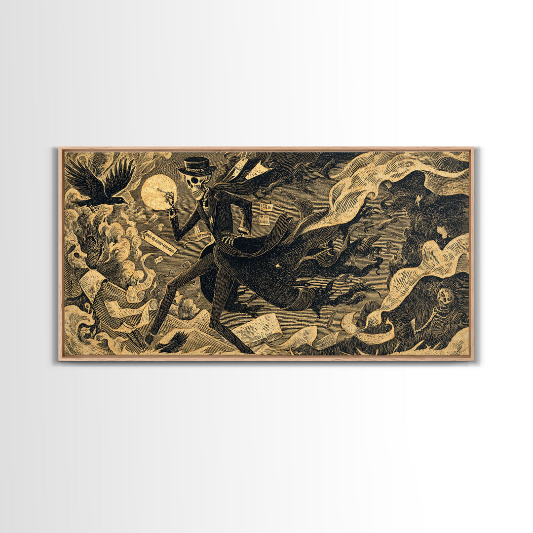 The Sinister Undertaker, Macabre Folk Print Art, Wide Panoramic Art, Dark Fantasy Wall Art, Canvas Print, Halloween Wall Art