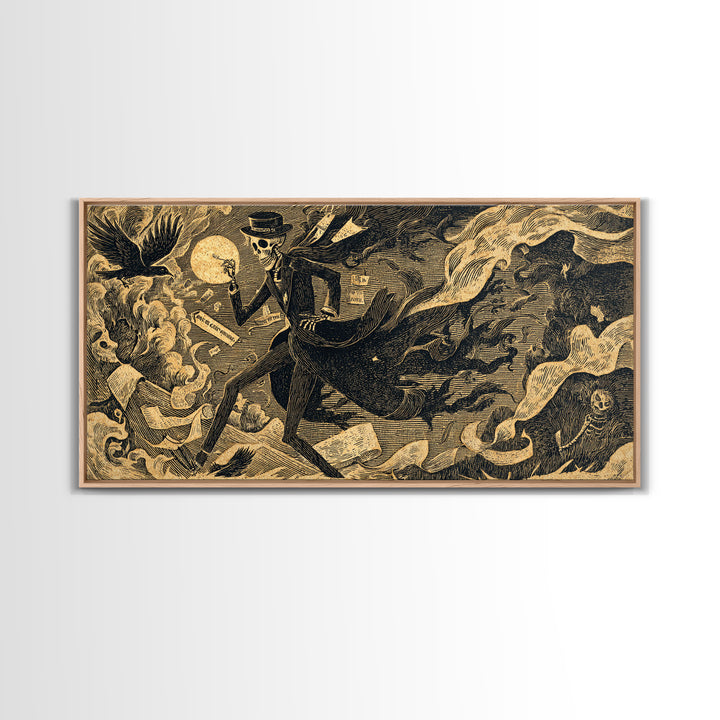 The Sinister Undertaker, Macabre Folk Print Art, Wide Panoramic Art, Dark Fantasy Wall Art, Canvas Print, Halloween Wall Art