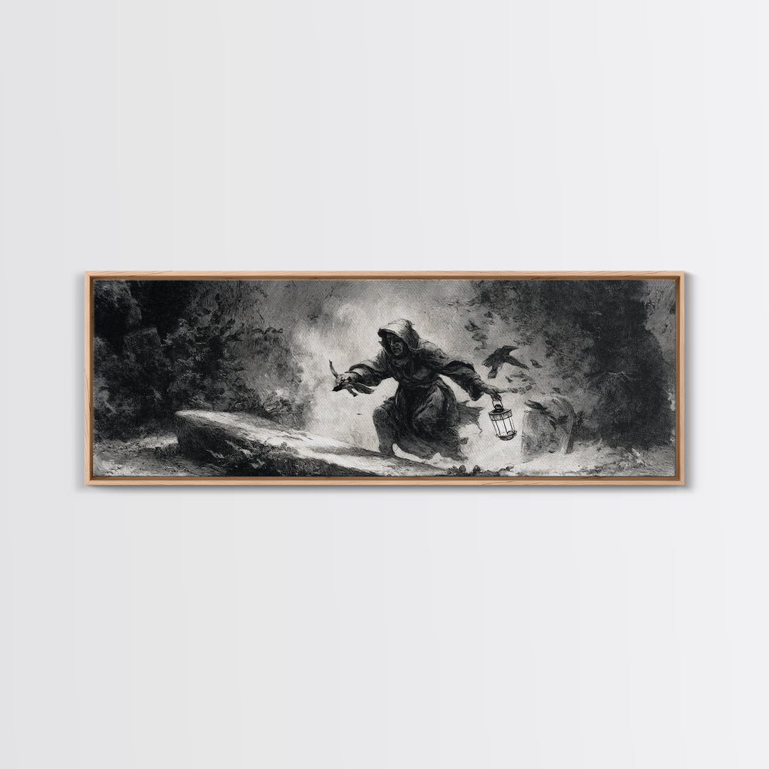 The Lantern Gravedigger, Dark Romantic Horror Art, Extra Wide Wall Art, Dark Fantasy Wall Art, Framed Canvas Print, Halloween Wall Art