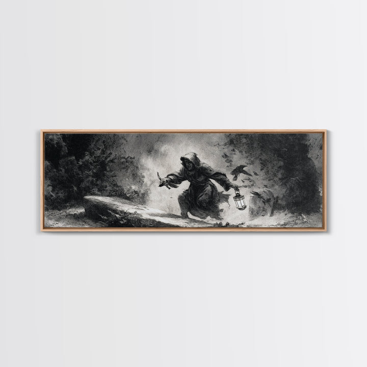 The Lantern Gravedigger, Dark Romantic Horror Art, Extra Wide Wall Art, Dark Fantasy Wall Art, Framed Canvas Print, Halloween Wall Art