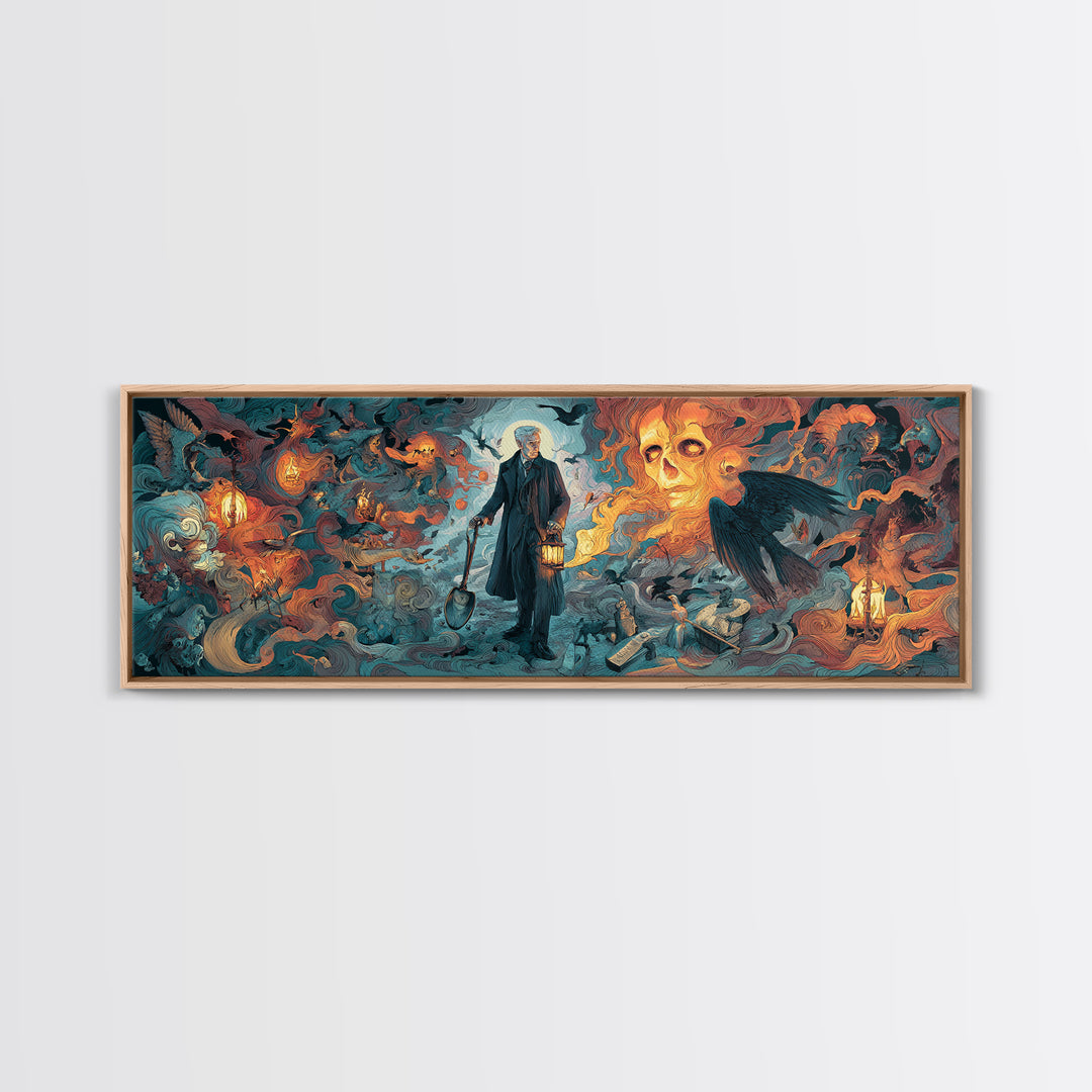 The Lantern Gravedigger, Visionary Gothic Art, Extra Wide Wall Art, Gothic Horror Wall Art, Framed Canvas Print, Halloween Wall Art