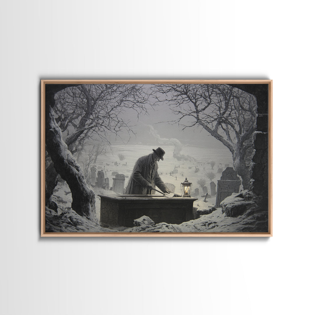 The Lantern Gravedigger, Romantic Gothic Landscape, Landscape Wall Art, Macabre Wall Art, Canvas Print, Halloween Wall Art
