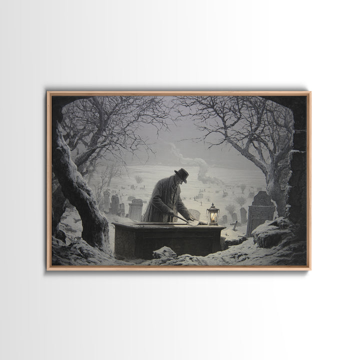 The Lantern Gravedigger, Romantic Gothic Landscape, Landscape Wall Art, Macabre Wall Art, Canvas Print, Halloween Wall Art