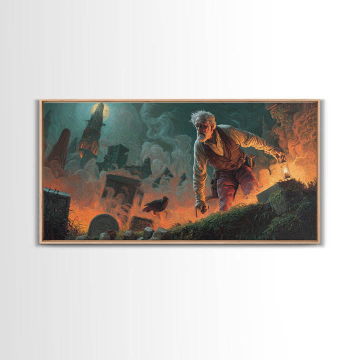 The Lantern Gravedigger, Apocalyptic Romantic Art, Wide Panoramic Art, Gothic Horror Wall Art, Canvas Print, Halloween Wall Art