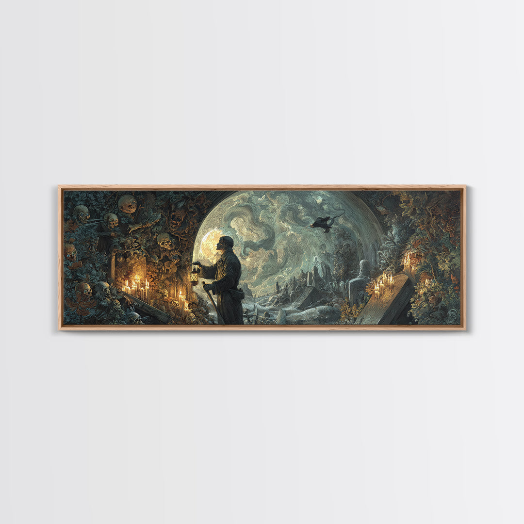 The Lantern Gravedigger, Ornate Symbolist Art, Extra Wide Wall Art, Gothic Horror Wall Art, Framed Canvas Print, Halloween Wall Art
