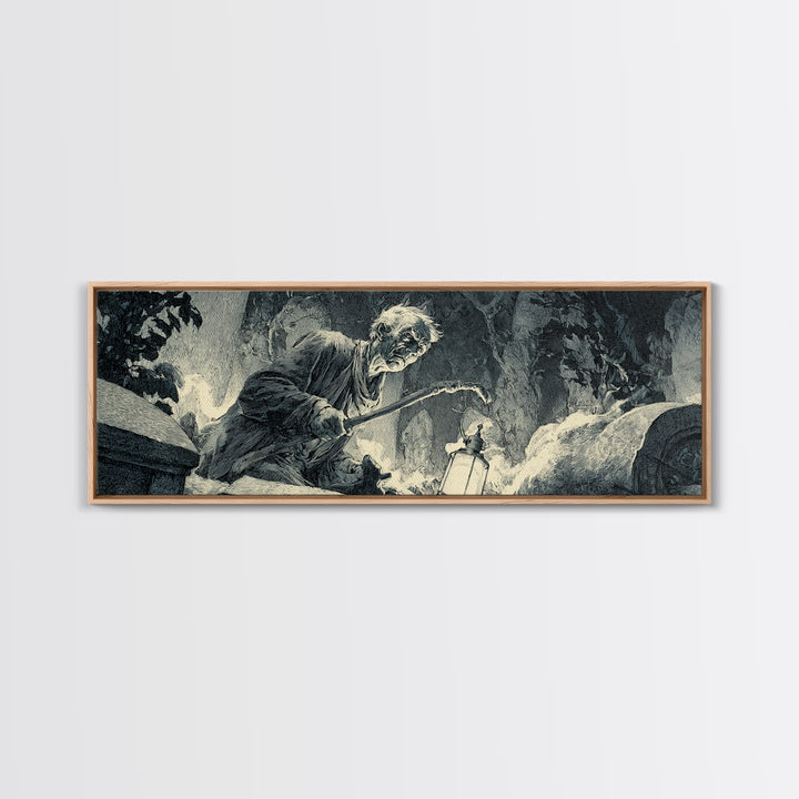The Lantern Gravedigger, Decadent Gothic Art, Extra Wide Wall Art, Dark Halloween Decor, Framed Canvas Print, Halloween Wall Art