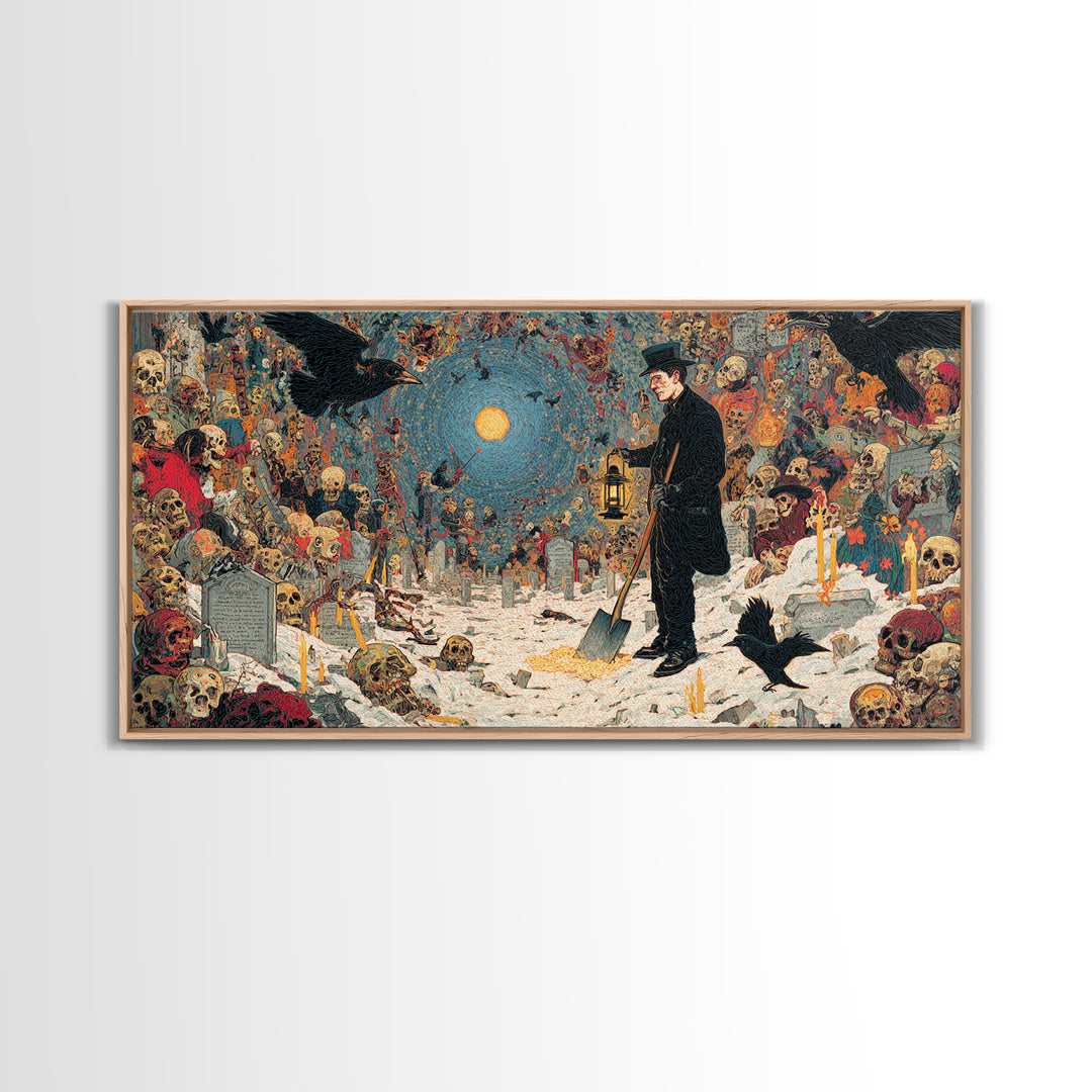 The Lantern Gravedigger, Grotesque Carnival Art, Wide Panoramic Art, Dark Fantasy Wall Art, Canvas Print, Halloween Wall Art