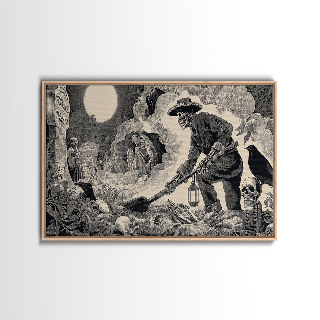 The Lantern Gravedigger, Macabre Folk Print Art, Wide Panoramic Art, Macabre Wall Art, Canvas Print, Halloween Wall Art