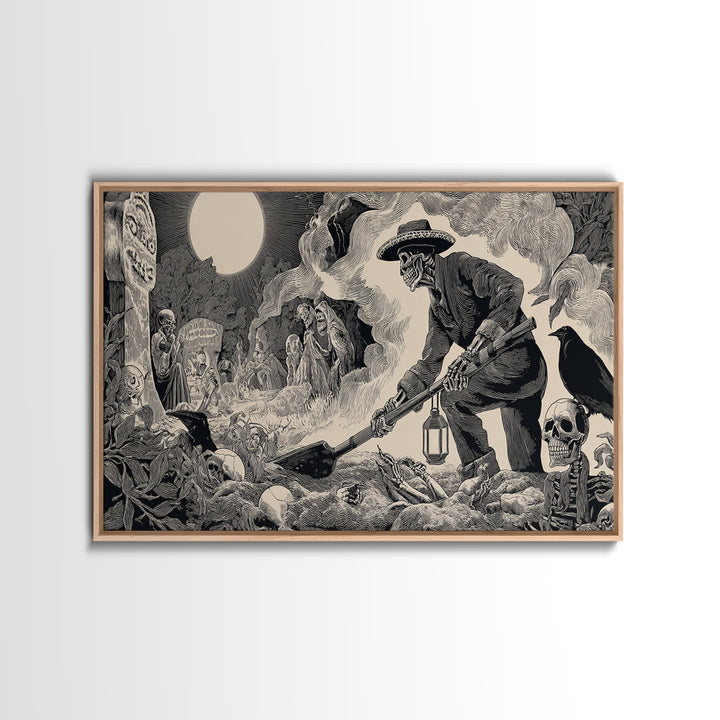 The Lantern Gravedigger, Macabre Folk Print Art, Wide Panoramic Art, Macabre Wall Art, Canvas Print, Halloween Wall Art