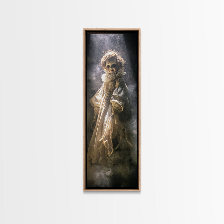 The Haunted Porcelain Doll, Gothic Engraving Art, Tall Narrow Wall Art, Dark Halloween Decor, Framed Canvas Print, Halloween Wall Art