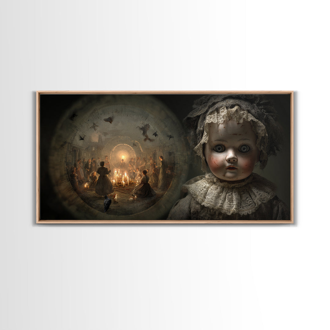 The Haunted Porcelain Doll, Northern Renaissance Horror, Wide Panoramic Art, Dark Halloween Decor, Framed Canvas Print