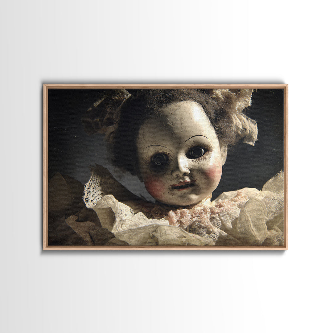 The Haunted Porcelain Doll, Dark Romantic Horror Art, Landscape Wall Art, Dark Halloween Decor, Framed Canvas Print, Halloween Wall Art
