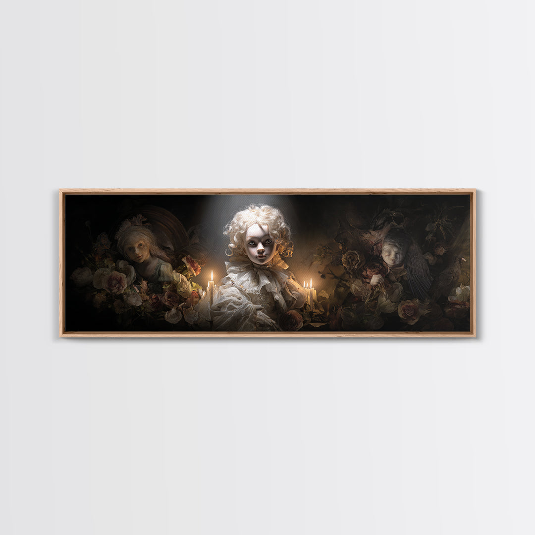 The Haunted Porcelain Doll, Gothic Nightmare Art, Extra Wide Wall Art, Dark Halloween Decor, Framed Canvas Print, Halloween Wall Art