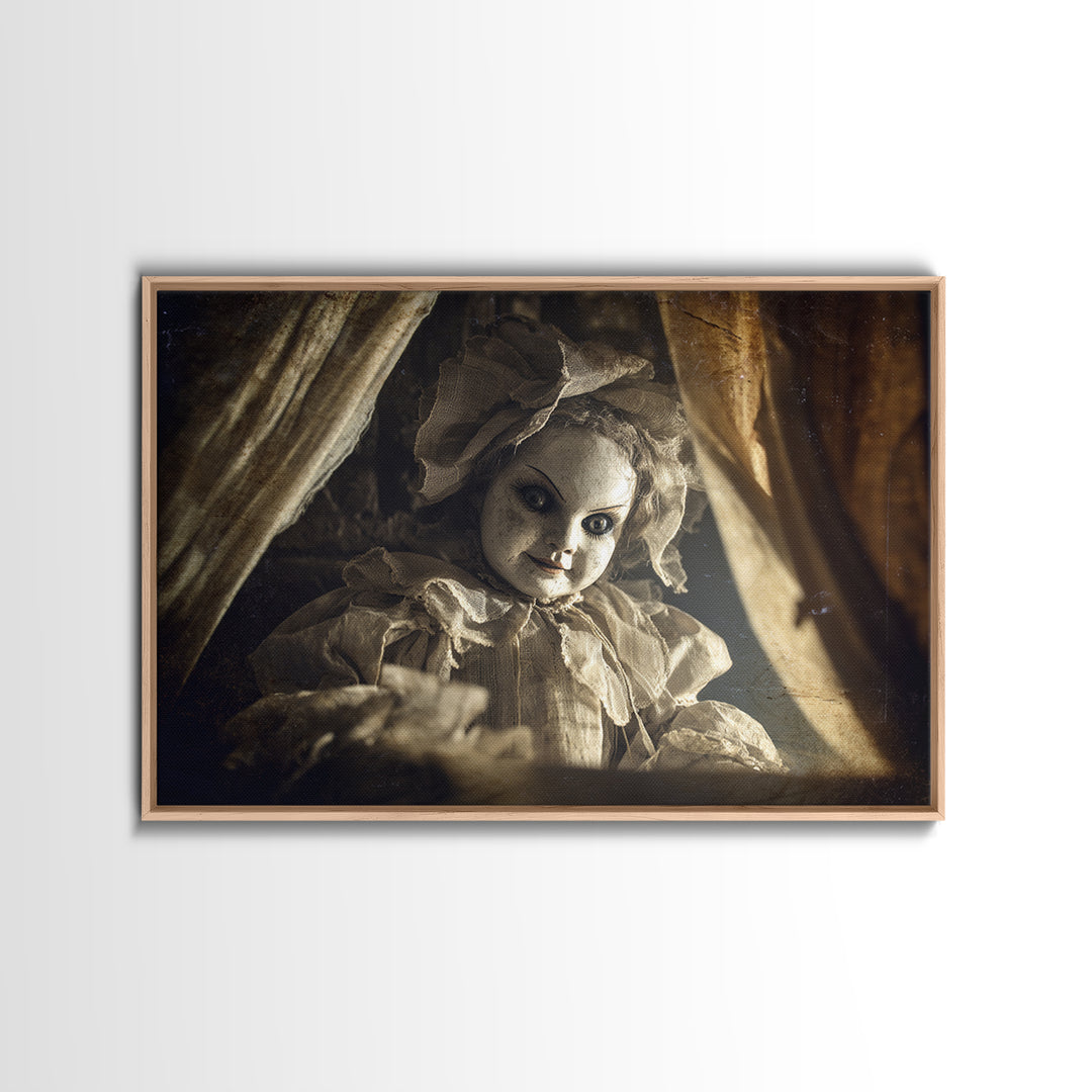 The Haunted Porcelain Doll, Architectural Etching Art, Landscape Wall Art, Dark Halloween Decor, Framed Canvas Print
