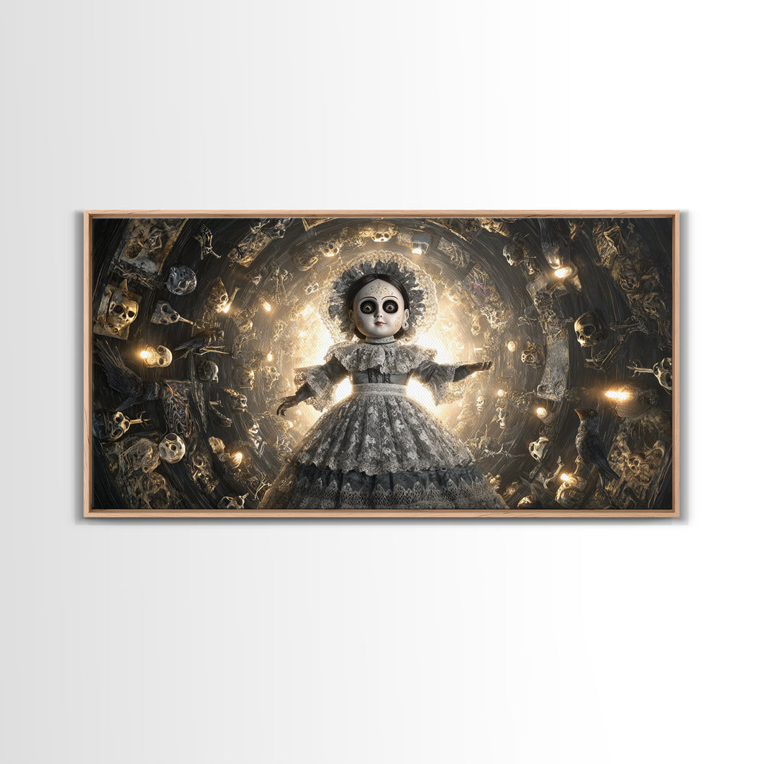 The Haunted Porcelain Doll, Macabre Folk Print Art, Wide Panoramic Art, Gothic Horror Wall Art, Framed Canvas Print