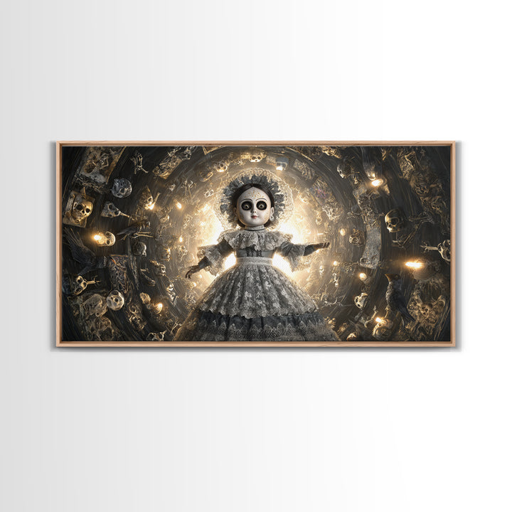 The Haunted Porcelain Doll, Macabre Folk Print Art, Wide Panoramic Art, Gothic Horror Wall Art, Framed Canvas Print