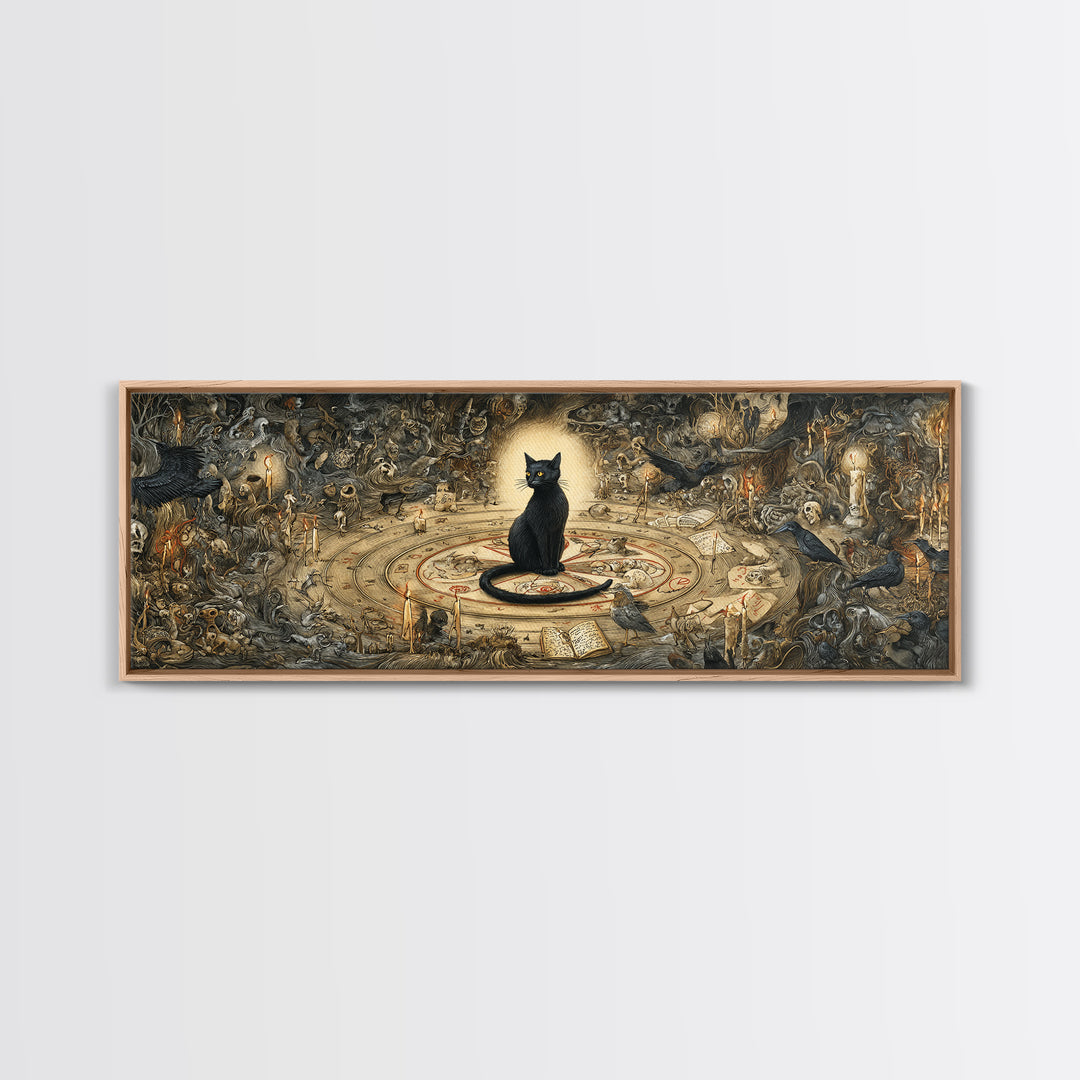 The Black Cat Familiar, Medieval Grotesque Art, Extra Wide Wall Art, Dark Halloween Decor, Canvas Print, Halloween Wall Art
