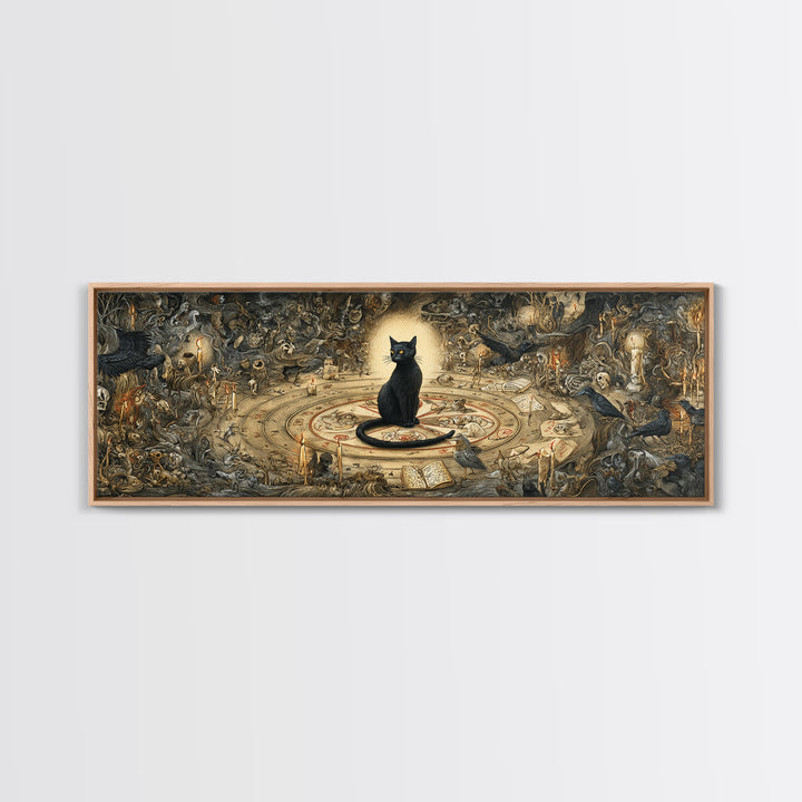The Black Cat Familiar, Medieval Grotesque Art, Extra Wide Wall Art, Dark Halloween Decor, Canvas Print, Halloween Wall Art