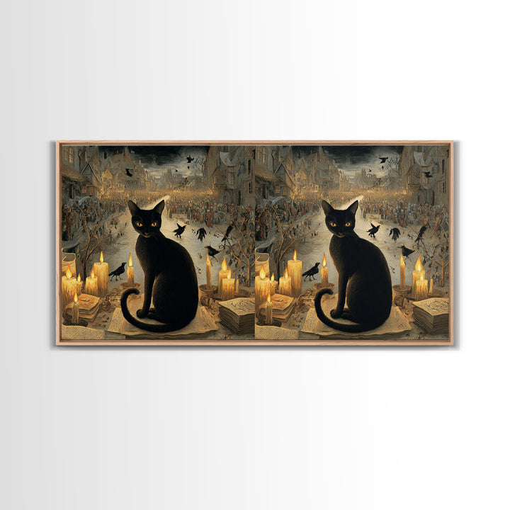 The Black Cat Familiar, Northern Renaissance Horror, Wide Panoramic Art, Dark Halloween Decor, Canvas Print, Halloween Wall Art