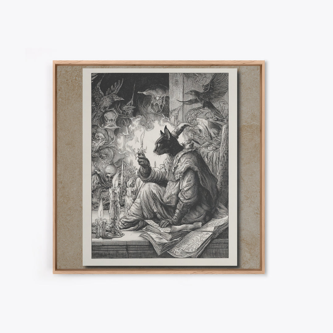 The Black Cat Familiar, Renaissance Engraving Art, Square Wall Art, Dark Fantasy Wall Art, Canvas Print, Halloween Wall Art