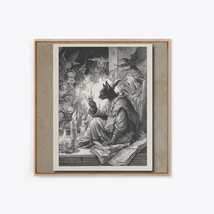 The Black Cat Familiar, Renaissance Engraving Art, Square Wall Art, Dark Fantasy Wall Art, Canvas Print, Halloween Wall Art