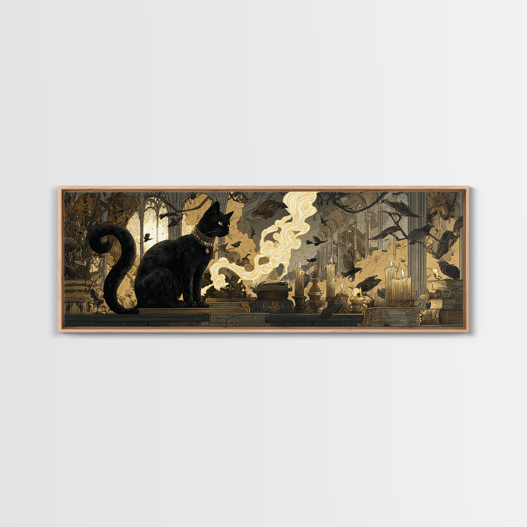 The Black Cat Familiar, Visionary Gothic Art, Extra Wide Wall Art, Macabre Wall Art, Canvas Print, Halloween Wall Art, Horror Wall Art