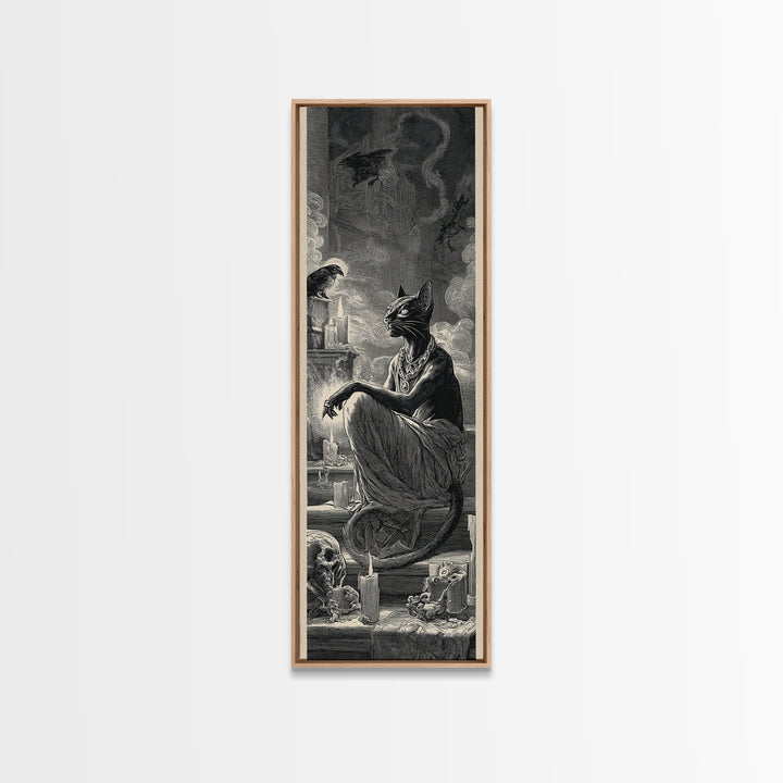 The Black Cat Familiar, Architectural Etching Art, Tall Narrow Wall Art, Gothic Horror Wall Art, Canvas Print