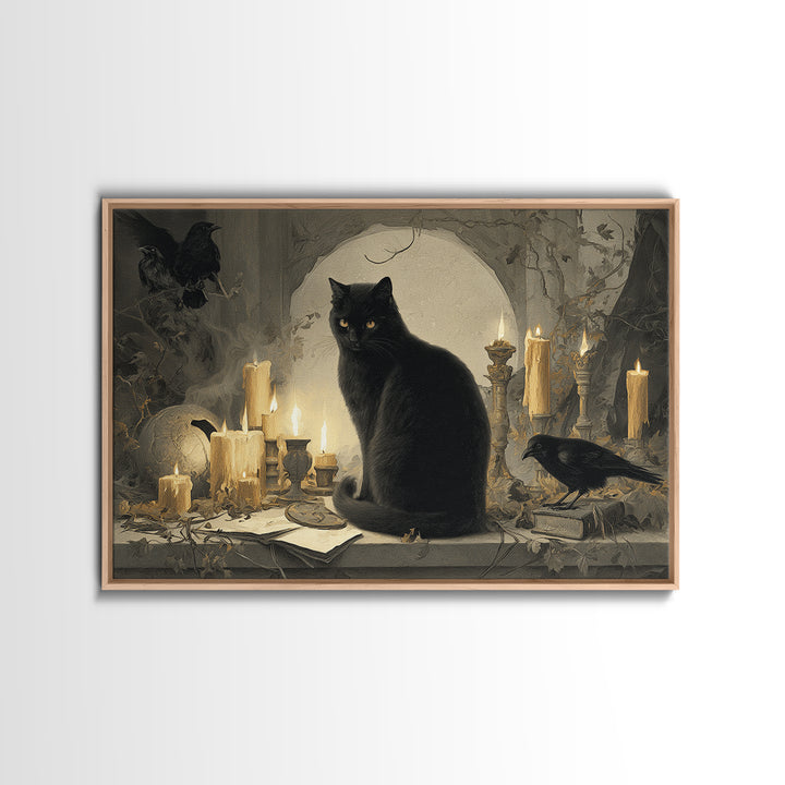 The Black Cat Familiar, Romantic Gothic Landscape, Landscape Wall Art, Dark Halloween Decor, Canvas Print, Halloween Wall Art