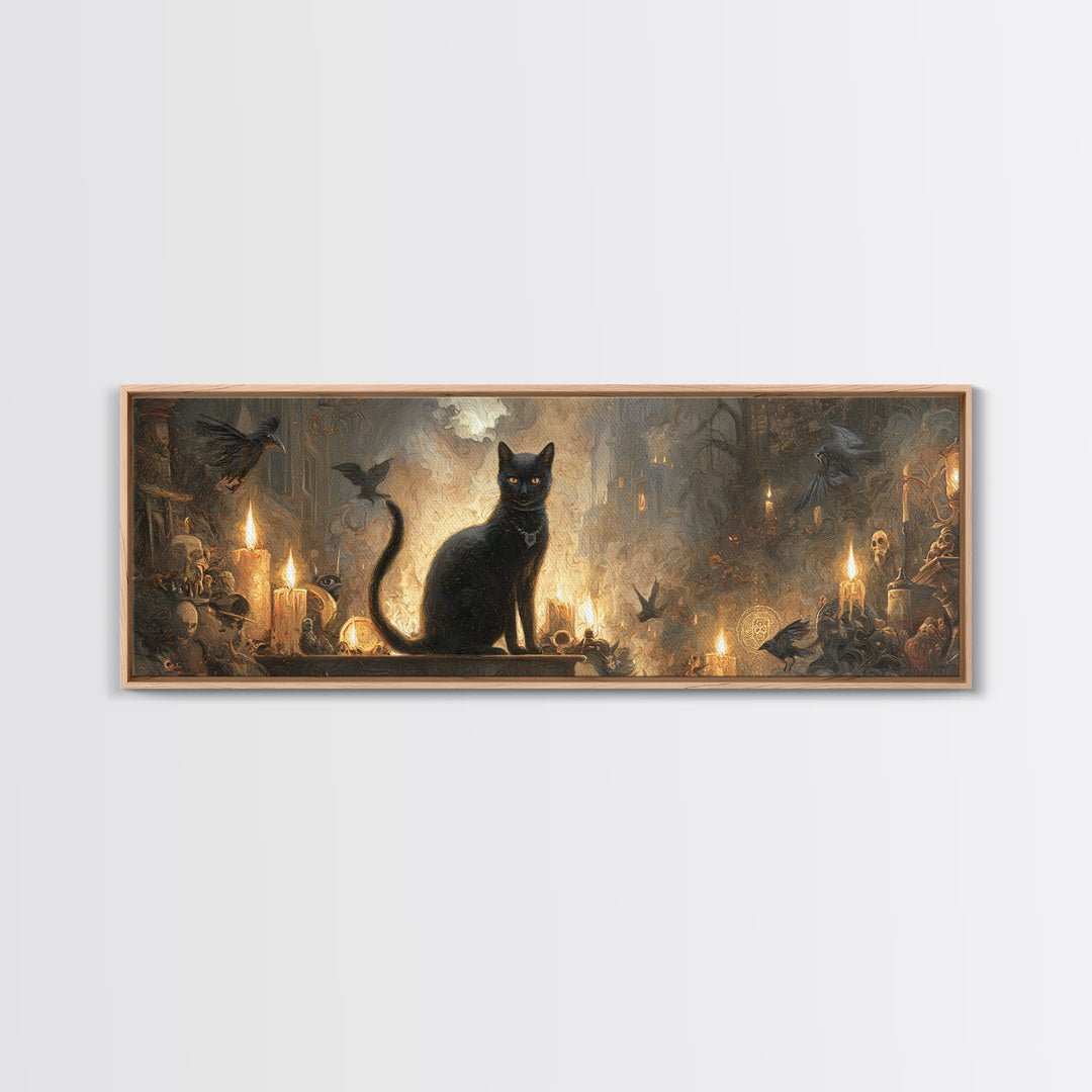 The Black Cat Familiar, Apocalyptic Romantic Art, Extra Wide Wall Art, Dark Fantasy Wall Art, Framed Canvas Print, Halloween Wall Art
