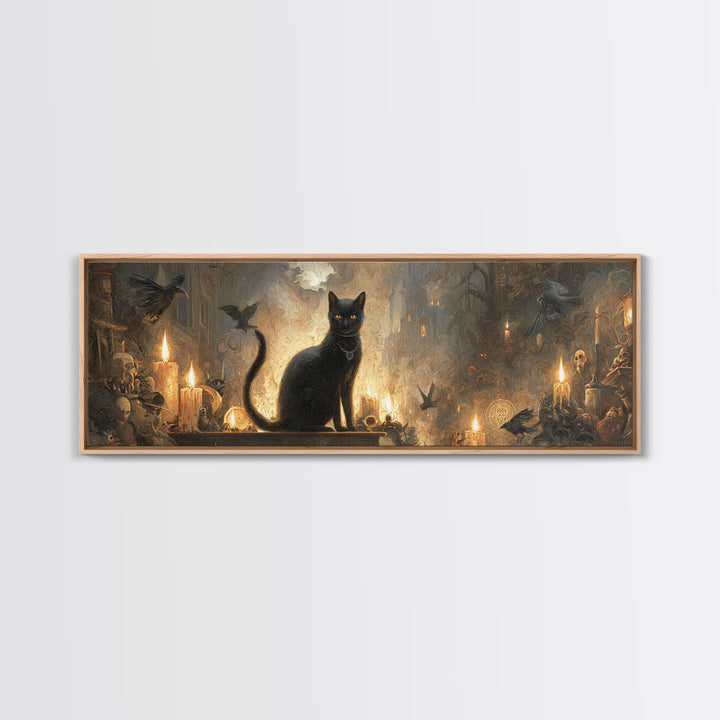The Black Cat Familiar, Apocalyptic Romantic Art, Extra Wide Wall Art, Dark Fantasy Wall Art, Framed Canvas Print, Halloween Wall Art
