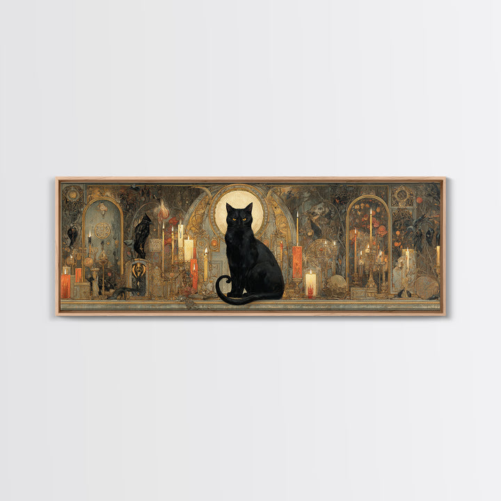 The Black Cat Familiar, Ornate Symbolist Art, Extra Wide Wall Art, Gothic Horror Wall Art, Canvas Print, Halloween Wall Art