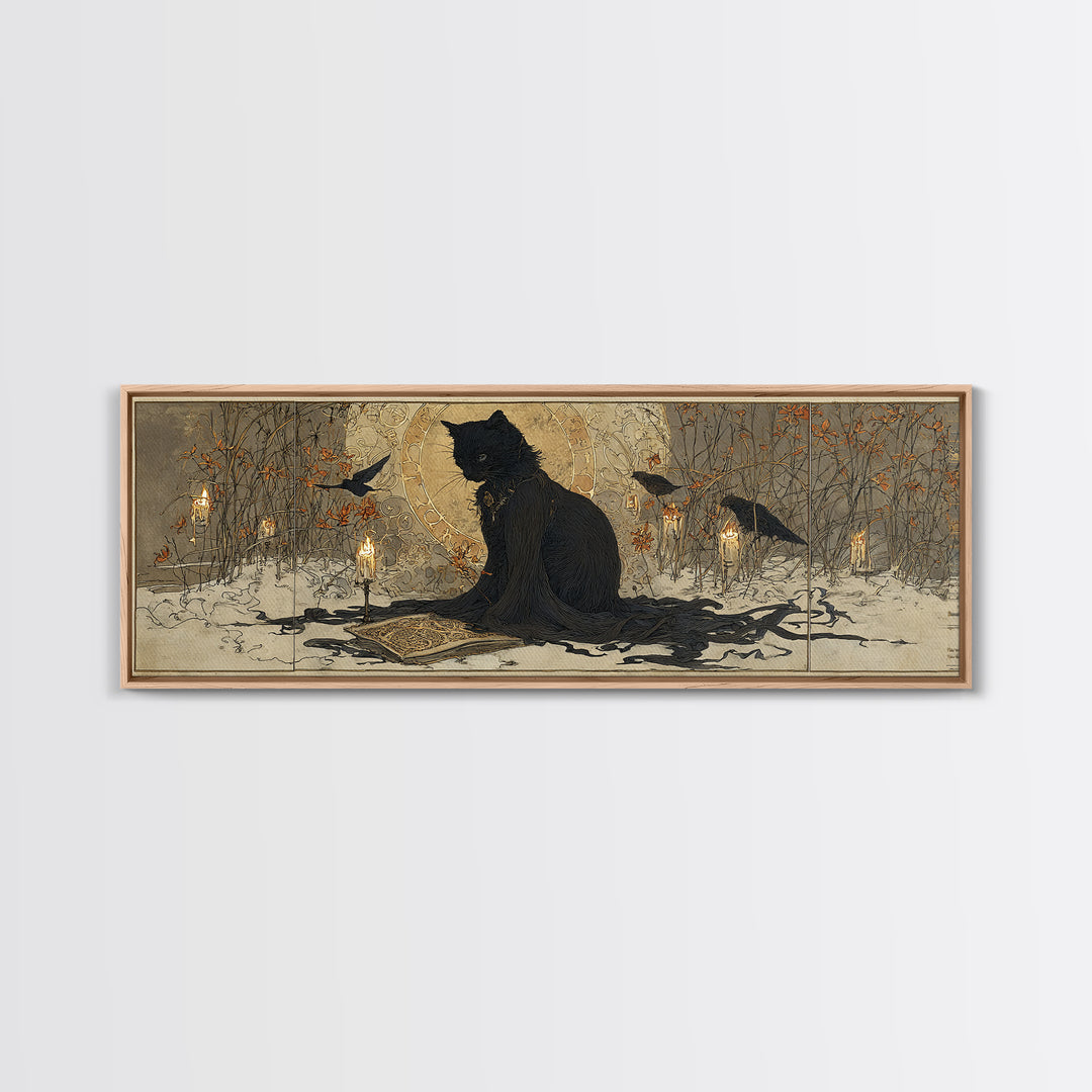 The Black Cat Familiar, Symbolist Death Art, Extra Wide Wall Art, Dark Fantasy Wall Art, Framed Canvas Print, Halloween Wall Art