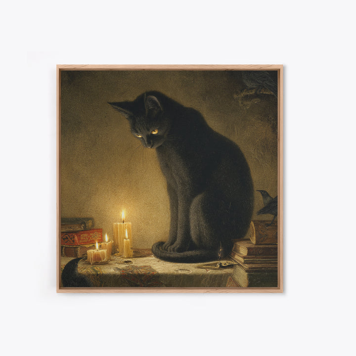 The Black Cat Familiar, Dark Symbolist Art, Square Wall Art, Dark Halloween Decor, Canvas Print, Halloween Wall Art