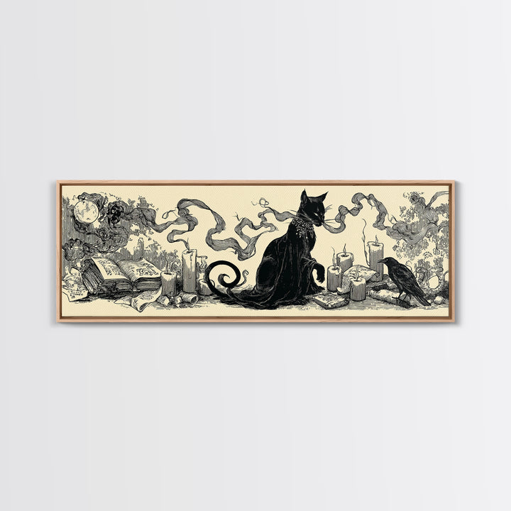 The Black Cat Familiar, Decadent Line Art, Extra Wide Wall Art, Dark Fantasy Wall Art, Framed Canvas Print, Halloween Wall Art