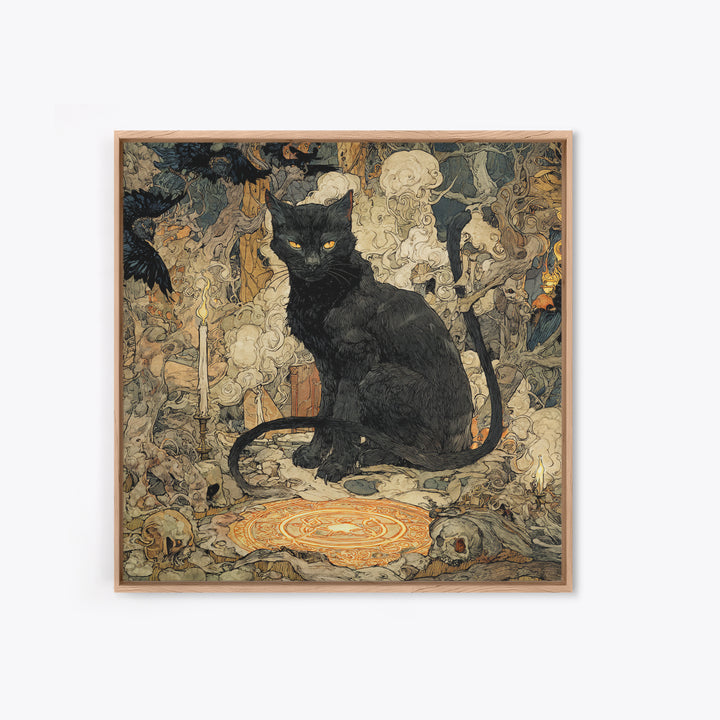 The Black Cat Familiar, Gothic Storybook Art, Square Wall Art, Macabre Wall Art, Framed Canvas Print, Halloween Wall Art