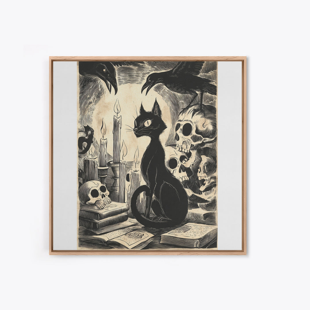 The Black Cat Familiar, Macabre Folk Print Art, Square Wall Art, Macabre Wall Art, Framed Canvas Print, Halloween Wall Art