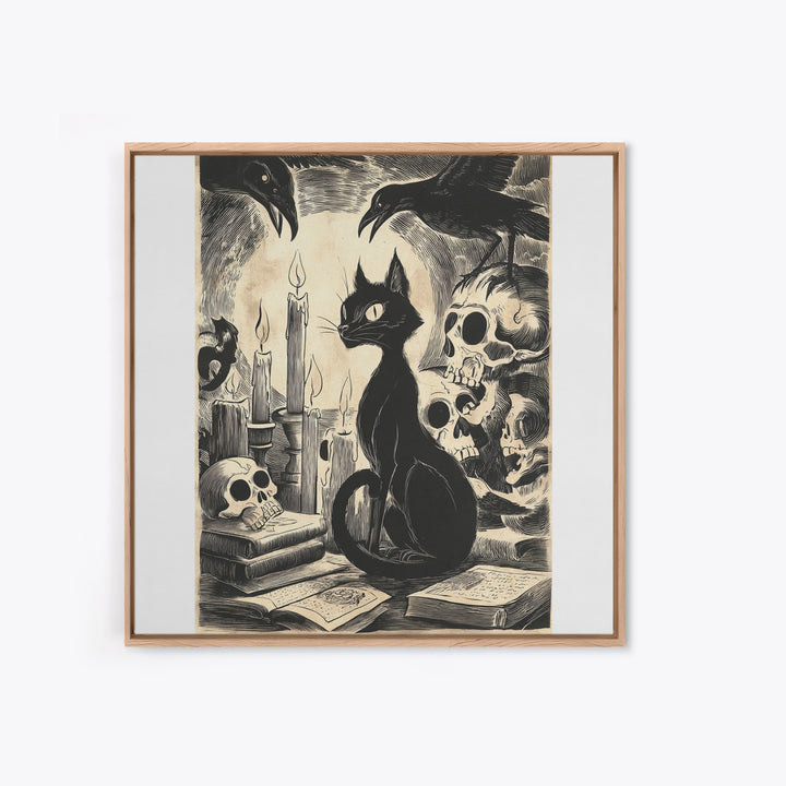 The Black Cat Familiar, Macabre Folk Print Art, Square Wall Art, Macabre Wall Art, Framed Canvas Print, Halloween Wall Art