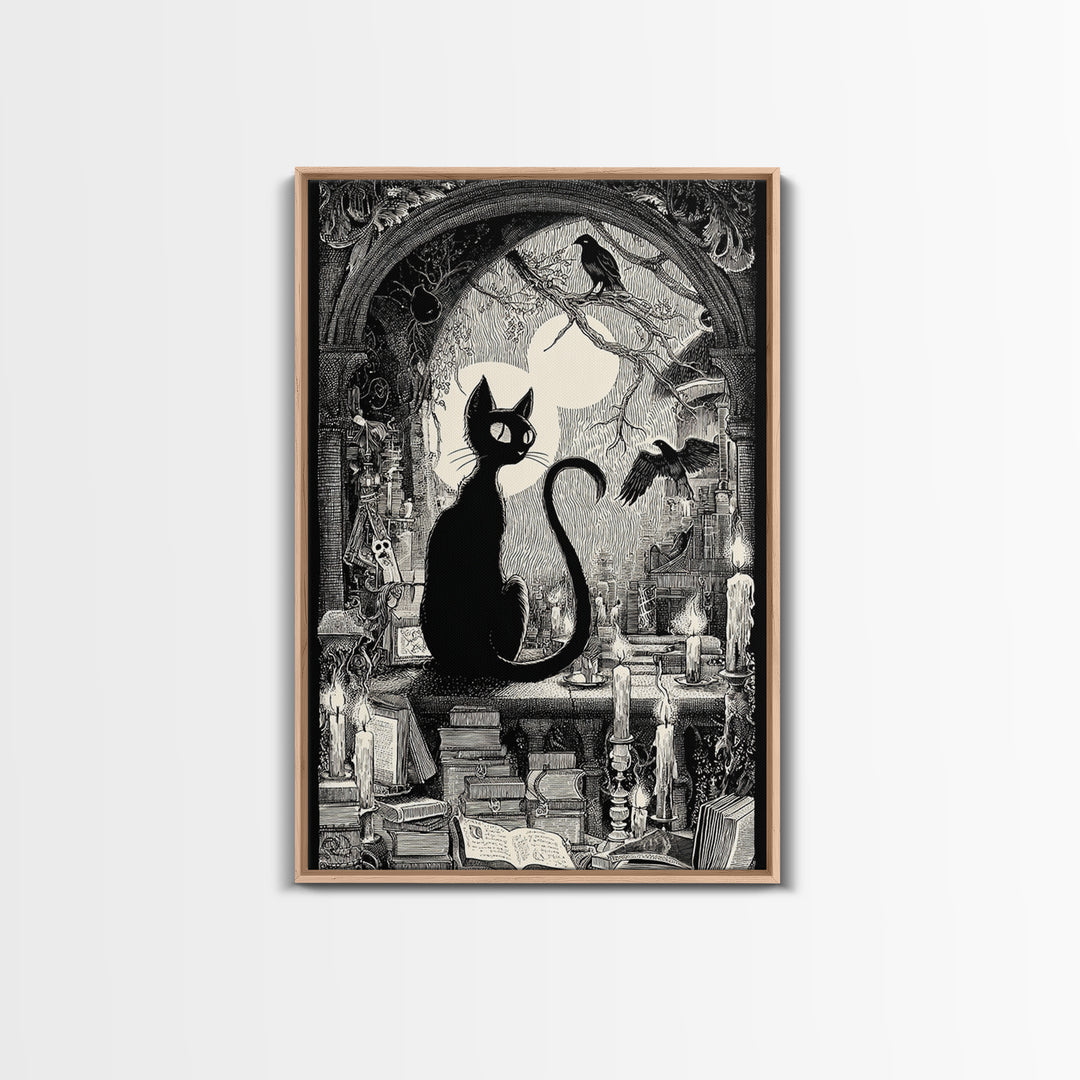 The Black Cat Familiar, Victorian Macabre Art, Vertical Wall Art, Dark Fantasy Wall Art, Framed Canvas Print, Halloween Wall Art